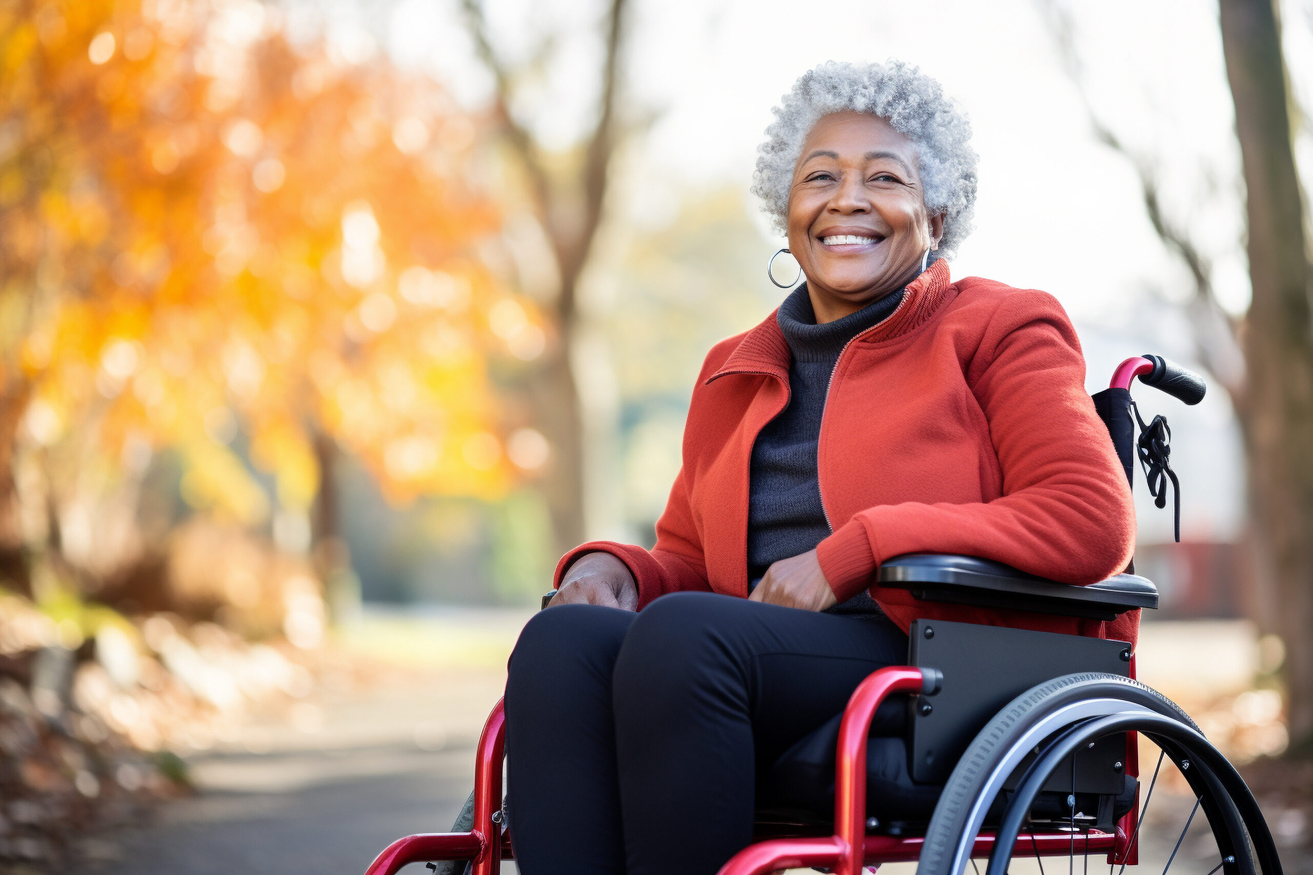Elderly black female lady sitting in a wheel chair in a urban park.