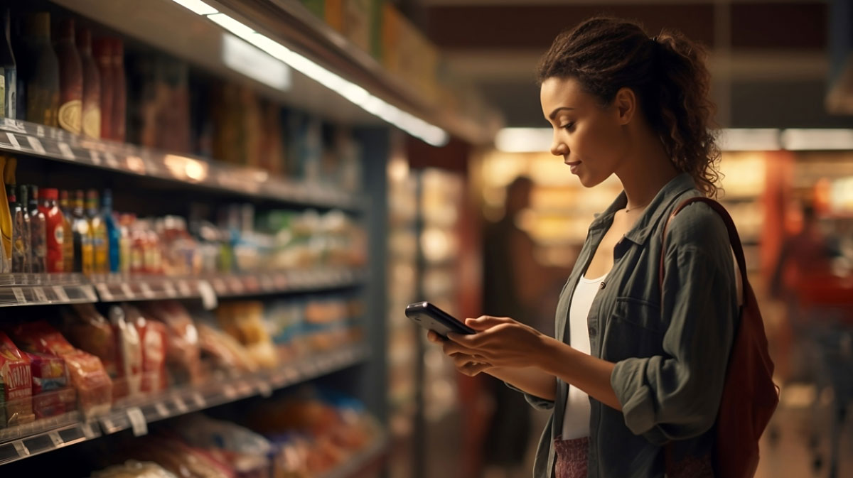 Woman using mobile phone app to check products at grocery store